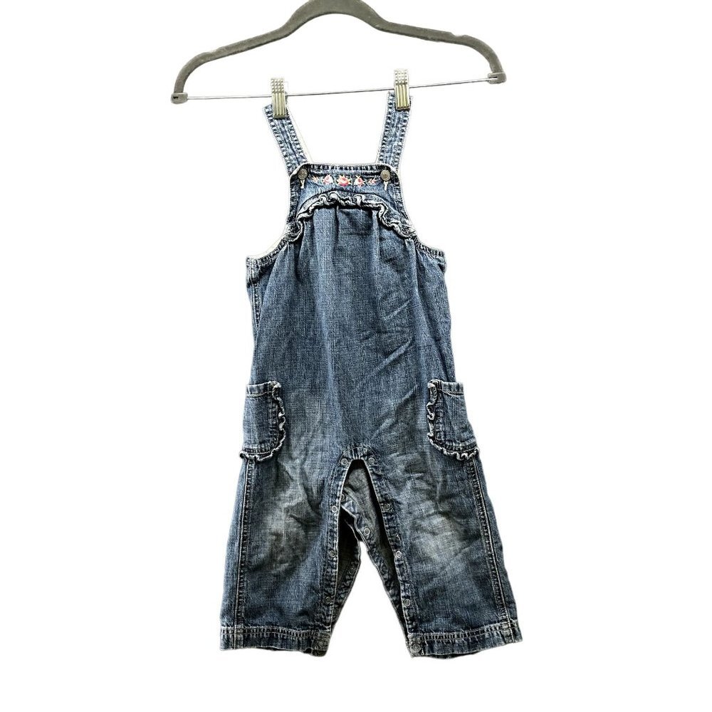 Vintage Janie And Jack Overalls Baby Girls 18-24M Blue Ruffle Denim Embroidered